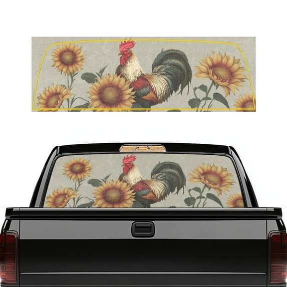 SEANATIVE Waterproof Truck Rear Window Decal, UV Protection Perforated See Through Graphic Car Window Sun Shade Stickers Universal Fit for Most Pickup SUV Truck, Rooster Sunflower