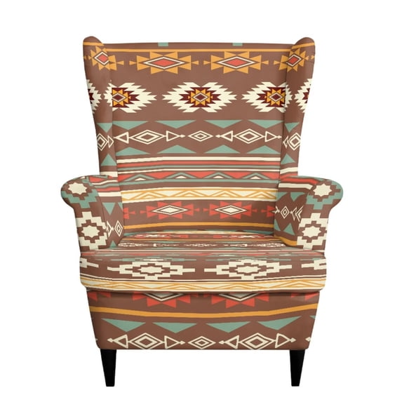 SEANATIVE Wing Chair Covers Slipcovers 2 Piece Stretch Wingback Chair Cover Armchair Slipcover Non-Slip Furniture Protector Wingback Sofa Slipcovers Stay in Place, Brown Aztec Geometric Pattern