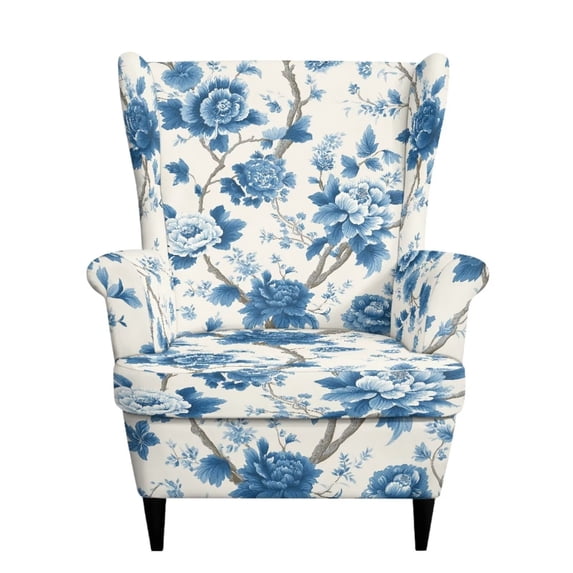 SEANATIVE Wing Chair Covers Wingback Chair Slipcover 2-Piece Stretch High Back Armchair Covers Slipcovers for Wingback Chairs with Elastic Bottom, for Home Office Decor, Vintage Flower Blue Beige
