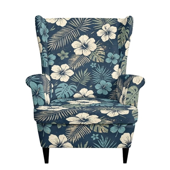 SEANATIVE Wing Chair Covers Wingback Chair Slipcover 2-Piece Stretch High Back Armchair Covers Slipcovers for Wingback Chairs with Elastic Bottom, Tropical Hibiscus Flower Palm Leaf Print
