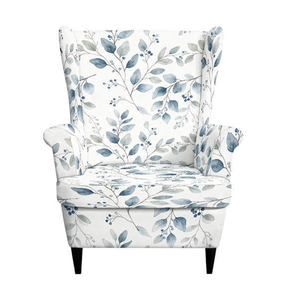 SEANATIVE Wingback Chair Cover 2 Piece Stretch Wing Chair Slipcovers Soft Spandex Arm Chairs Cover Stain Resistant High Back Armchair Protector for Wingback Chairs, Leaf Blue White