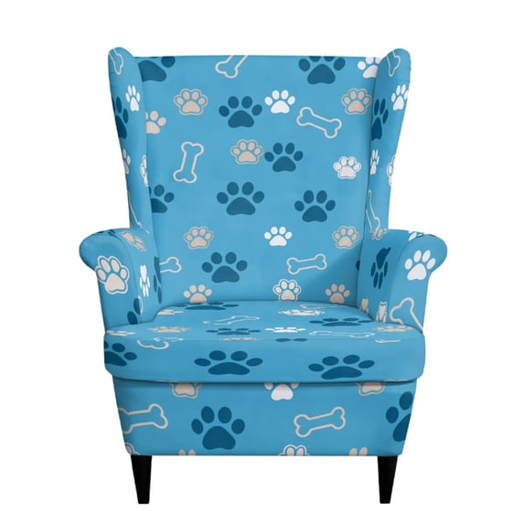 SEANATIVE Wingback Chair Cover 2 Piece Stretch Wing Chair Slipcovers Soft Spandex Stain Resistant Anti-Scratch Armchair Slipcover for Bedroom Living Room, Blue Paw Bone Print