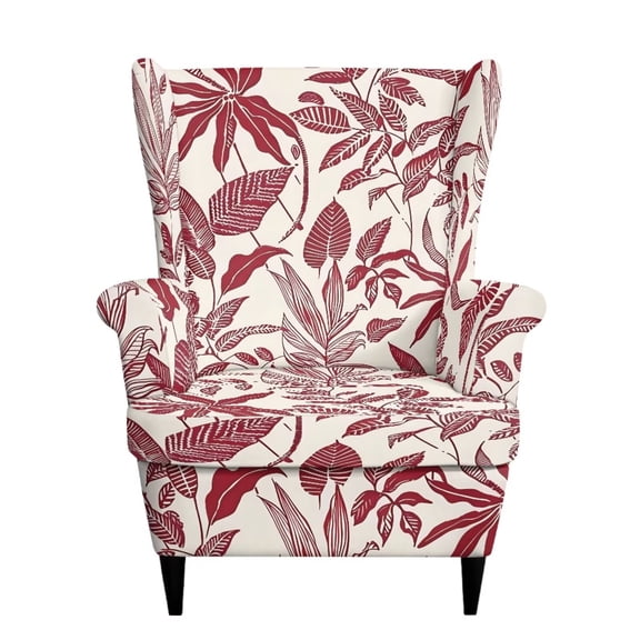 SEANATIVE Wingback Chair Cover 2 Piece Stretch Wing Chair Slipcovers Soft Spandex Stain Resistant Anti-Scratch Armchair Slipcover for Bedroom Living Room, Leaf Print Red Beige
