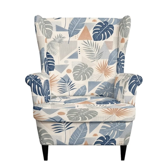 SEANATIVE Wingback Chair Cover 2 Piece Stretch Wing Chair Slipcovers Spandex Arm Chairs Cover Stain Resistant High Back Armchair Protector for Wingback Chairs, Tropical Monstera Leaf Beige Blue