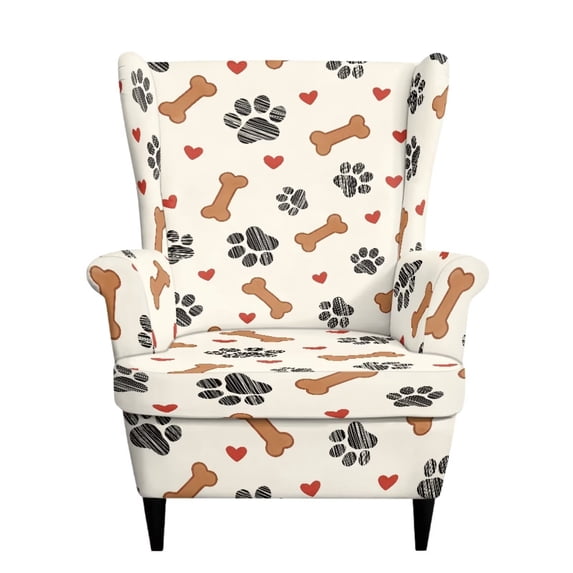 SEANATIVE Wingback Chair Cover 2 Piece Wing Chair Slipcovers Stretch Non-Slip Furniture Protector for Pet Dog, Decorative Armchair Slipcover for Standard Size Wingback Chair, Paw Bone Print Beige