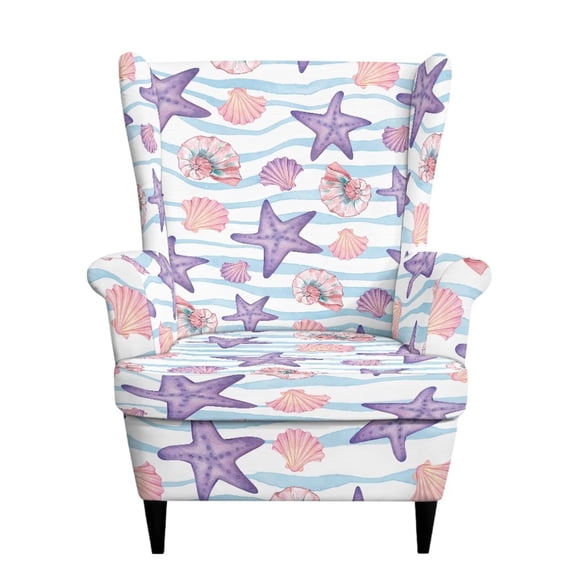 SEANATIVE Wingback Chair Protector 2 Piece Stretch Wing Chair Slipcovers Spandex Armchair Covers Non-Slip Wing Back Sofa Cover Single Seat Sofa Couch Cover, Starfish Sea Shell Blue White