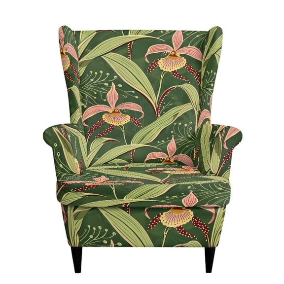 SEANATIVE Wingback Chair Protector 2 Piece Stretch Wing Chair Slipcovers Spandex Armchair Covers Non-Slip Wing Back Sofa Cover Single Seat Sofa Couch Cover for Pets Kids, Flower Leaf Print Green