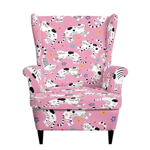 SEANATIVE Wingback Chair Slipcover 2 Piece Soft Stretch Wing Chair Cover with Elastic Edge, Scratch-Resistant Furniture Protector for Pets Dogs Cats, Easy Install, Cartoon Cat Floral Pink
