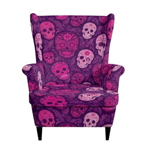 SEANATIVE Wingback Chair Slipcover 2 Piece Soft Stretch Wing Chair Cover with Elastic Edge, Scratch-Resistant Furniture Protector for Pets Dogs Cats, Easy Install, Floral Skull Violet Pink