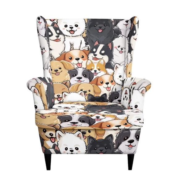 SEANATIVE Wingback Chair Slipcover with Cushion Cover, 2 Piece Wing Chair Slipcover Stretch Armchair Cover Full Coverage Scratch-resistant Wingback Sofa Protector, Cute Puppy Print