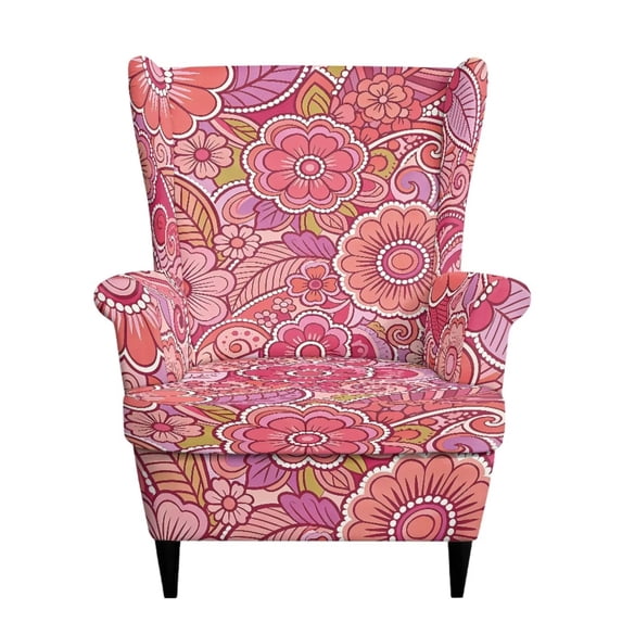 SEANATIVE Wingback Chair Slipcover with Elastic Bottom 2 Piece Stretch Removable Wing Chair Cover with Separate Cushion Cover Armchair Covers for Most Wingback Chairs, Paisley Flower Pink
