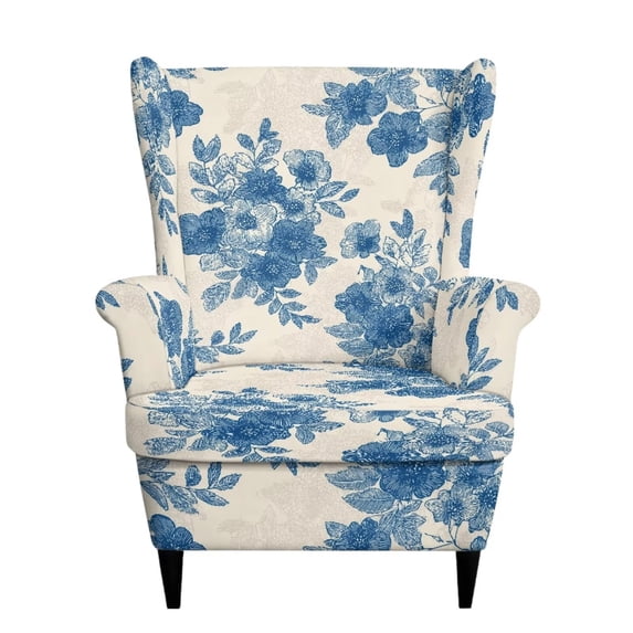 SEANATIVE Wingback Chair Slipcover with Elastic Bottom 2 Piece Stretch Removable Wing Chair Cover with Separate Cushion Cover Armchair Covers for Most Wingback Chairs, Vintage Floral Blue Beige