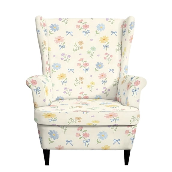 SEANATIVE Wingback Chair Slipcover with Elastic Bottom 2 Piece Stretch Wing Chair Cover with Cushion Cover, High Back Armchair Covers for Most Wingback Chairs, Pastel Floral Bow Cream White