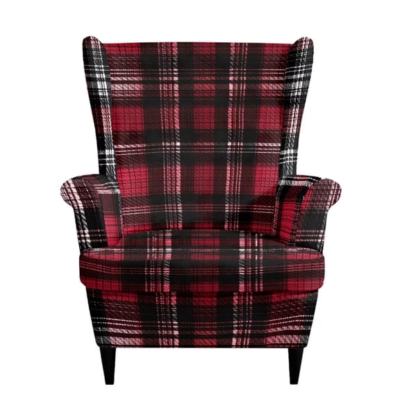 SEANATIVE Wingback Chair Slipcover Stain Resistant 2 Piece Wing Chair Cover Washable Anti-Slip Soft Stretch Wing Back Chair Covers 1 Seater Sofa Protector for Living Room Bedroom, Red Black Plaid