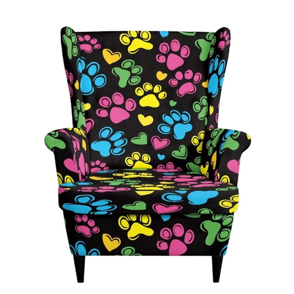 SEANATIVE Wingback Chair Slipcover Stretch Wingback Sofa Cover Armchair Slipcover Stain Resistant 2 Piece Non-Slip Scratch-Resistant Wing Chair Protector with Cushion Cover, Colorful Paw Print