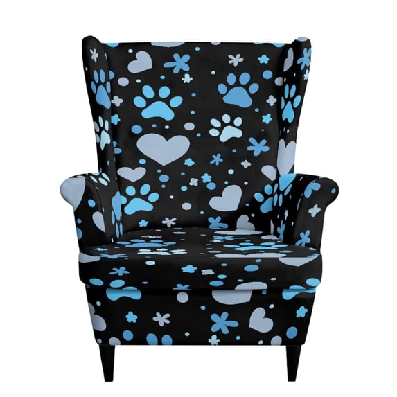 SEANATIVE Wingback Chair Slipcover Washable 2 Piece Wingback Sofa Cover Armchair Slipcovers Wear-resistant Furniture Protector for Home Living Room Decor, Paw Heart-shaped Print Blue Black