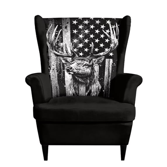 SEANATIVE Wingback Sofa Cover 2 Piece Wingback Chair Slipcovers with Elastic Bottom, Stretch Removable Armchair Covers Anti-Slip Furniture Protector for Home Decor, Retro Deer American Flag Black