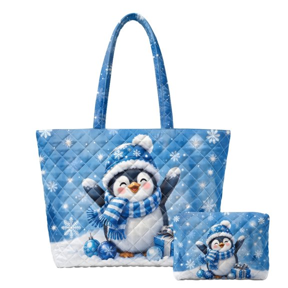 SEANATIVE Winter Penguin Snowflake Top Handle Shoulder Bag, Polyester Women's Shoulder Bag Set Portable Sturdy Women's Quilted Bag for Party