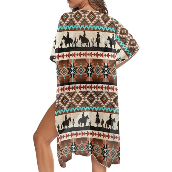 SEANATIVE Women Beach Coverup Flowy Kimono Coverups Printed Design Swimsuit Cover Up Bathing Suit Loose Casual Resort Wear for Hawaii Beach, Cowboy Cactus Pattern Beige Brown
