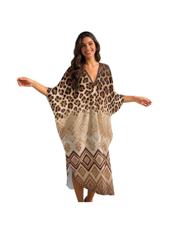 Women Beach Coverups Kaftan Dress Plus Size Flowey Caftan Maxi Beach Dress Swimsuit Cover Up Soft Lightweight Summer Dresses Loungewear Outfits, Leopard Print Beige Gradient