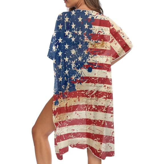 SEANATIVE Women Bikini Cover Up with Short Sleeve Loose Coverup Chiffon Kimono Flowy Lightweight Beach Coverups USA Theme 4th of July Outfits for USA 250th Anniversary Wear, Retro USA Flag