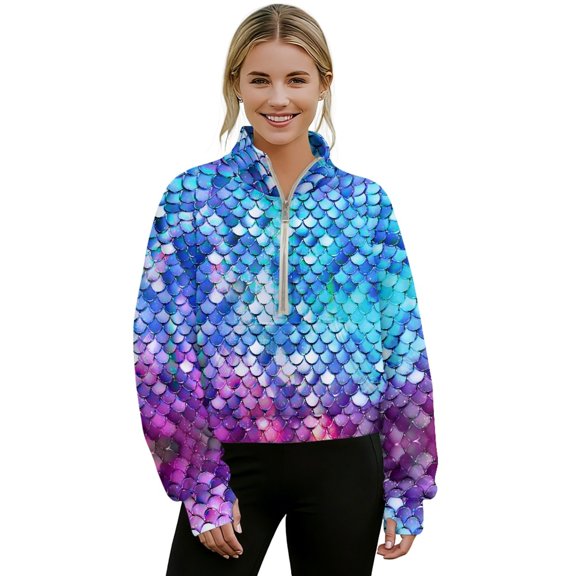 SEANATIVE Women Half Zip Pullover with Pocket Long Sleeve Sweatshirts Oversized Graphic Thumbhole Fall Winter Tops No Hood Sweatshirt Polyester Sweater, 2XL, Blue Violet Mermaid Scales Print