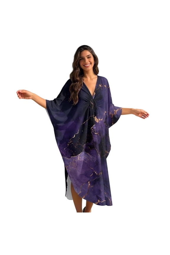 Women Kaftan Dress Plus Size Caftan Beach Cover Up Bathing Suit Caftan Maxi Dress with Batwing Sleeves Flowey Summer Dress for Resort Vacation Outfits, Marble Violet Gold