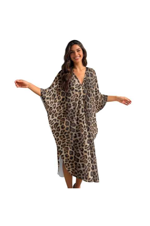 Women Kaftan Dresses Long Caftan Beach Coverup Swimsuit Cover Up Summer Dress Vacation Maxi Dresses Soft Breathable Kaftan Casual Wear, Leopard Print Beige