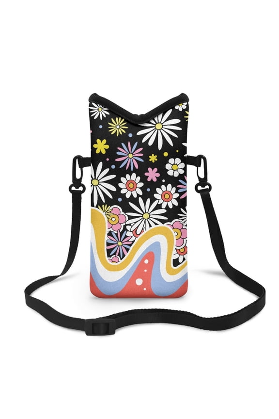 Women Men Crossbody Cell Phone Purse Portable Waterproof Small Satchel Bag with Shoulder Strap for Phone, Keys, Credit Card, Cashes, Passport, 8 x 4 inch, Hippie Flower Daisy Black