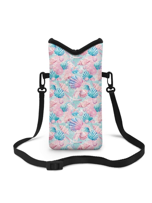 Women Men Small Crossbody Bag Waterproof Cell Phone Case Neoprene Mobile Phone Protection Bag Mini Satchel Bag Fits Most Smartphones, 8 x 4 inch, Seashell Starfish Pink Blue