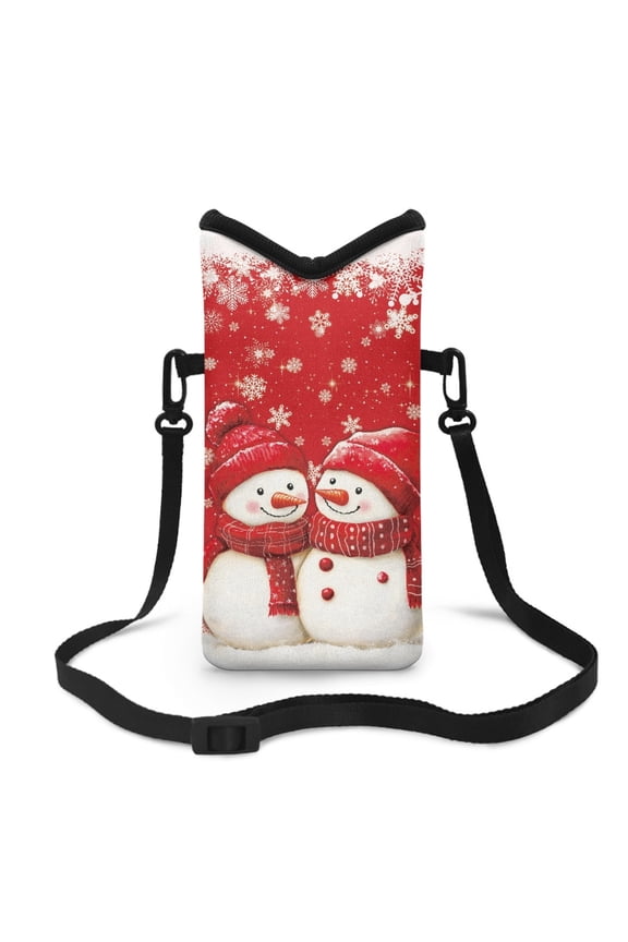 Women Men Small Crossbody Phone Bag Cellphone Pouch with Adjustable Shoulder Strap Neoprene Waterproof Mini Satchel Pouch for Travel, Walking, Beach, Christmas Snowman Snowflake Red