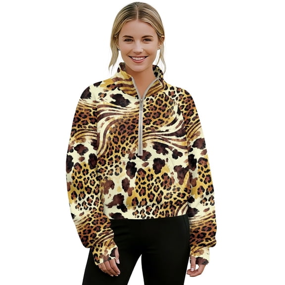 SEANATIVE Women Pullover Sweatshirt Cropped Hoodie Fashion Graphic Pullover Trendy Stylish Sweatshirt with Half Zip Kangaroo Pocket for Fall Winter, L, Leopard Cow Pattern