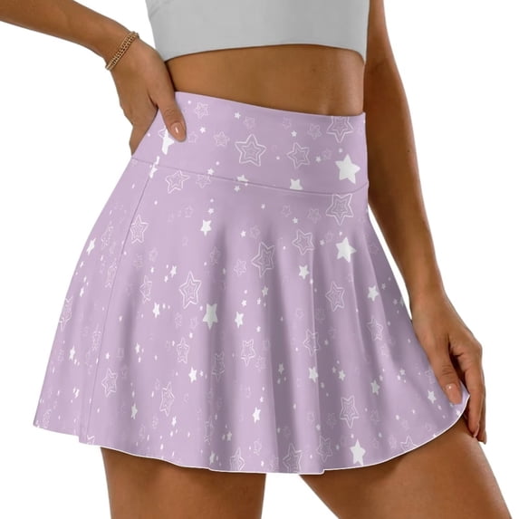SEANATIVE Women Tennis Skort with 2 Inner Pockets Built-in Shorts Pleated Mini Skirts Lightweight Stretchy Breathable Golf Pickleball Running Skort, L, Star Print Violet