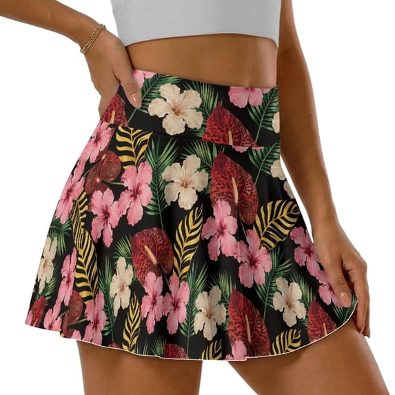 SEANATIVE Women Tennis Skort with 2 Inner Pockets Built-in Shorts Pleated Mini Skirts Lightweight Stretchy Breathable Golf Pickleball Running Skort, L, Tropical Hibiscus Flower Leaf