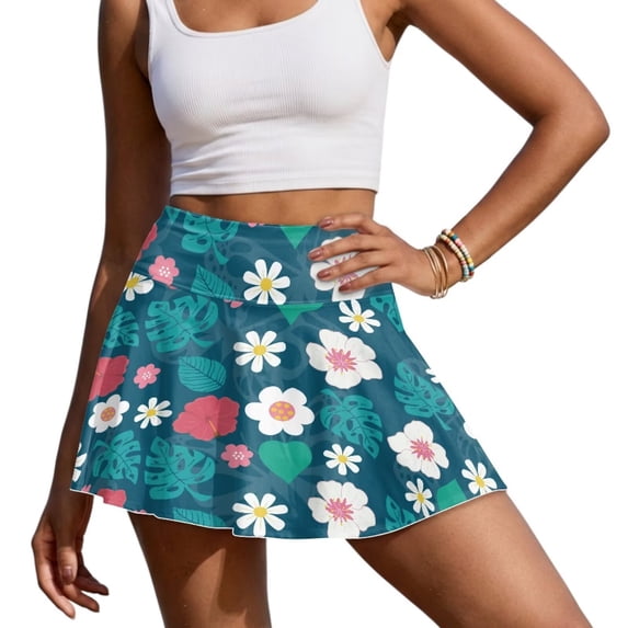 SEANATIVE Women Tennis Skort Pleated Tennis Skirts with 2 Inner Pockets Lightweight Breathable Built-in Shorts High Waist Workout Skort for Golf Pickleball, L, Tropical Flower Leaf Green