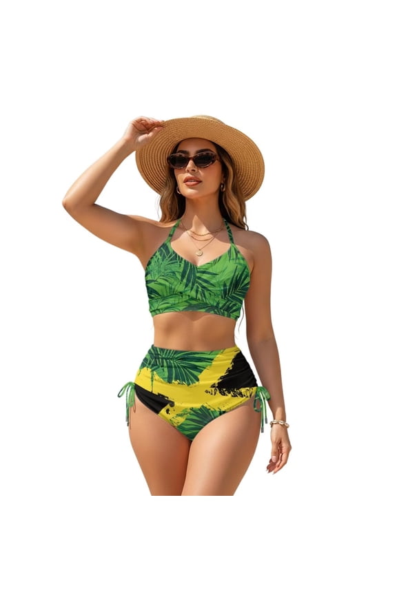 Women's Bikini Sets Two Piece Bathing Suits Crossback Removable Padded Drawstring Tie Back Sexy Cheeky Swimsuits 2 Pcs Set Swim Outfits, 3XL, Palm Tree Jamaican Flag Green
