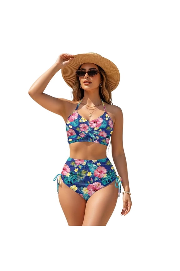 Women's Bikini Sets Two Piece Bathing Suits Crossback Removable Padded Drawstring Tie Back Sexy Cheeky Swimsuits 2 Pcs Set Swim Outfits, S, Hawaiian Floral Tropical Leaf Blue
