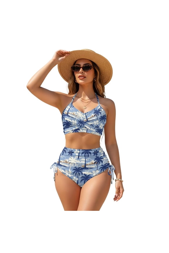 Women's Bikini Sets Two Piece Bathing Suits Crossback Removable Padded Drawstring Tie Back Sexy Cheeky Swimsuits 2 Pcs Set Swim Outfits, XS, Palm Tree Tropical Flower Blue