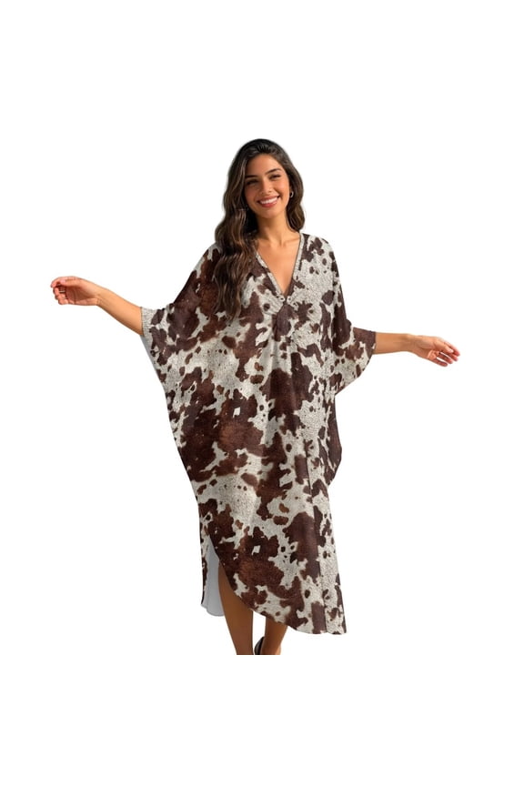 Women's Caftan Beach Cover Up Kaftan Dress Plus Size Kaftan Loungewear Maxi Dress Lightweight Flowey Kaftan Swimsuit Coverup for Summer Beach Pool Party, Brown Cow Print
