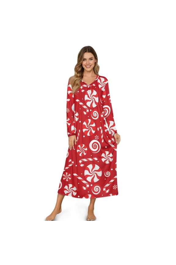 Women's Christmas Night Gown Long Sleeve Sleep Shirt Button Front Pajama Dress Soft Full Length Nightshirt Sleepwear for Bedroom Home, M, Candy Cane Pattern Red