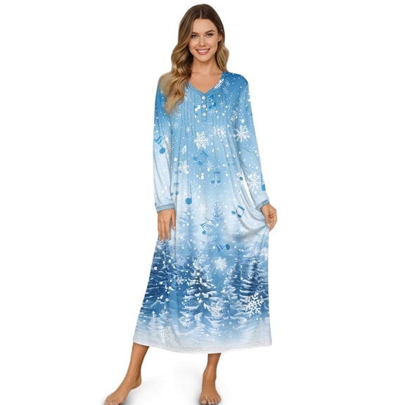 SEANATIVE Women's Christmas Nightgowns Soft Button Front Sleep Shirt Long Sleeve Night Gown Fall Winter Pajama Dress Cozy Nightwear for Home Bedroom, S, Fir Tree Snowflake Musical Note Blue