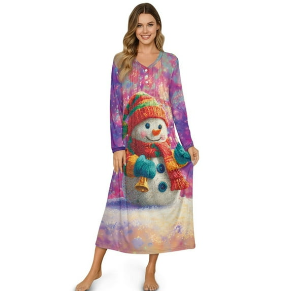 SEANATIVE Women's Christmas Sleep Dress Nightgown Button Front Sleepshirt Long Sleeve Pajama Dress Comfort Bedroom Lounge Housecoat Nightshirt, 3XL, Snowman Violet Galaxy Pattern