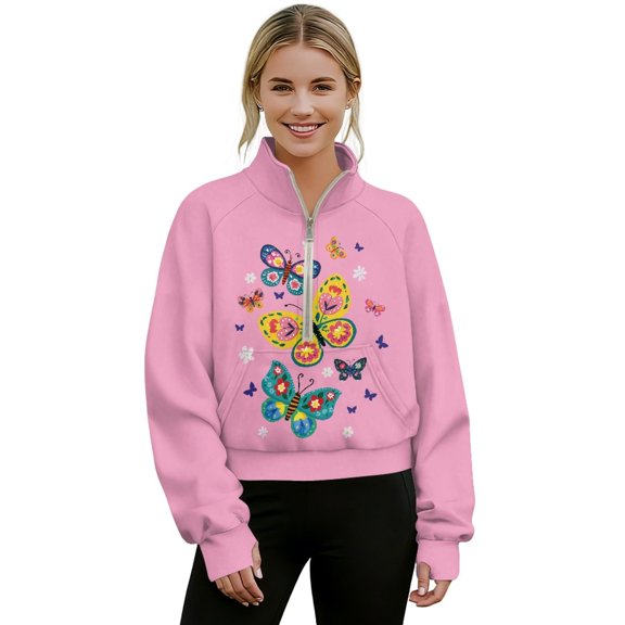 SEANATIVE Women's Cropped Sweatshirts Quarter Zip Pullover Thumbhole Long Sleeve Tops Activewear Sweater with Pocket Fashionable Crop Sweatshirt for Casual, 2XL, Butterfly Flower Pink