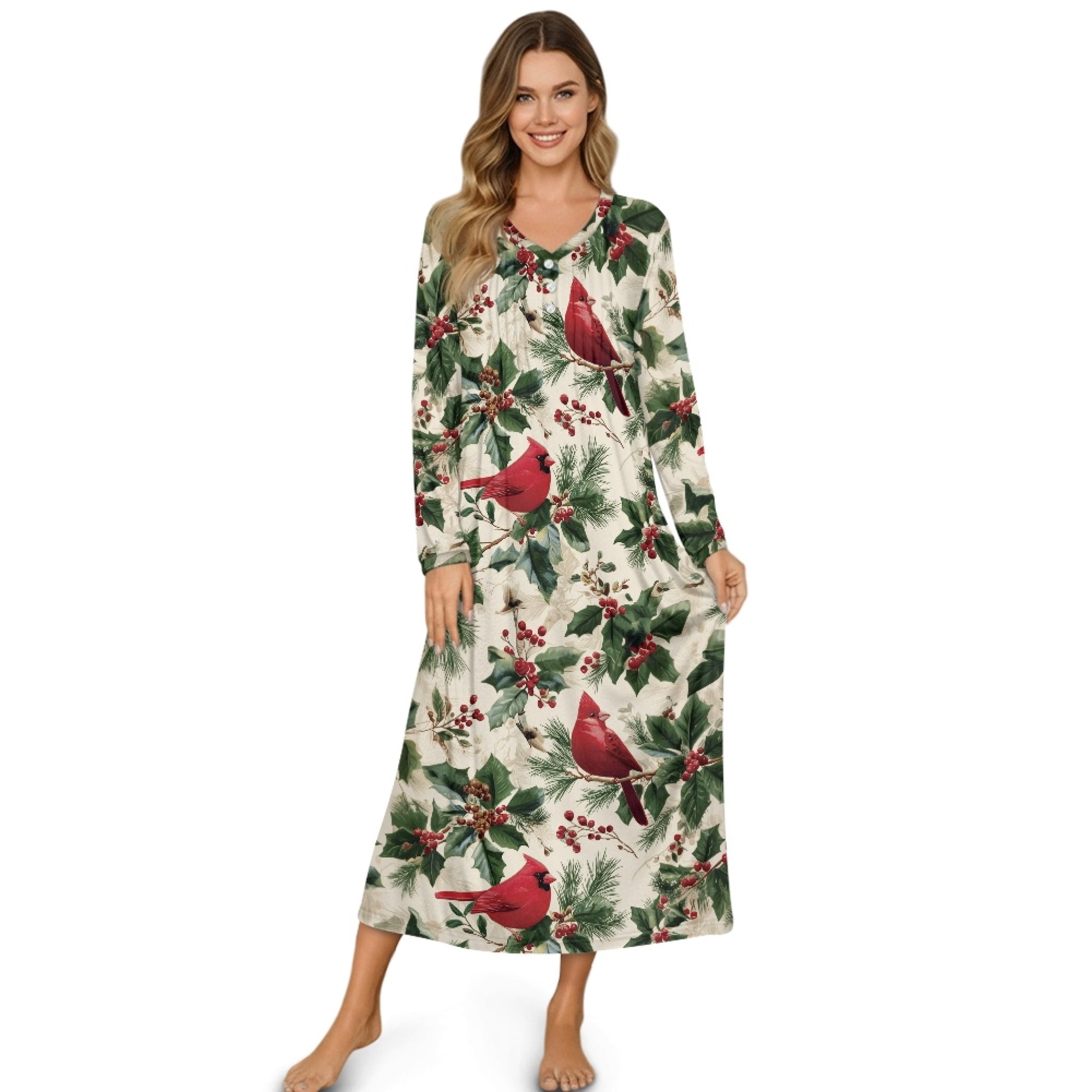 womens christmas night dress Seanative Women's House for Winter Nightgown Button Down Housecoat Soft Cozy Long Sleeve Lounge Dress Comfort Sleepwear Nightdress, XL 44cm/17.32 inch