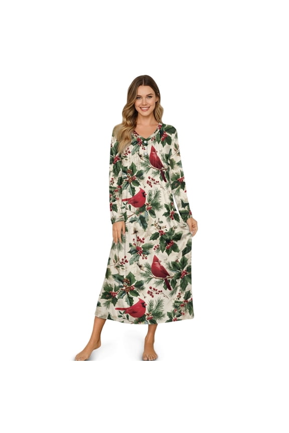 Women's House Dress for Christmas Winter Nightgown Button Down Housecoat Soft Cozy Long Sleeve Lounge Dress Comfort Sleepwear Nightdress, XL, Red Cardinal Bird Holly Leaf Print