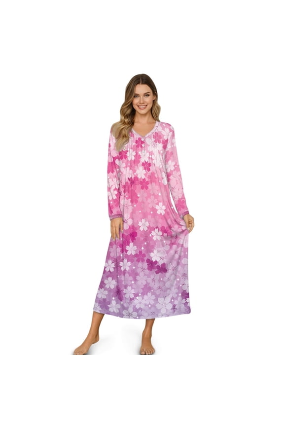 Women's House Dress Full Length Nightgown Button Down Housecoat Soft Cozy Long Sleeve Lounge Dress Comfort Sleepwear Nightdress, XL, Cherry Blossom Pink Violet