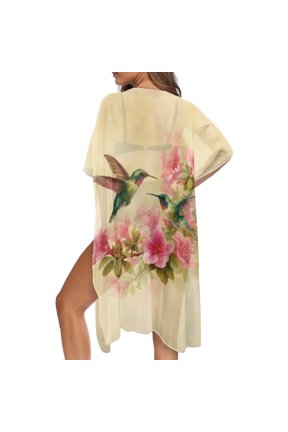 Women's Kimono Coverups Kimono Cardigan Casual Chiffon Tops Trendy Beachwear Coverup Open Front Beach Cover Up Flowy Swimsuit Cardigan, Hummingbird Flower Beige