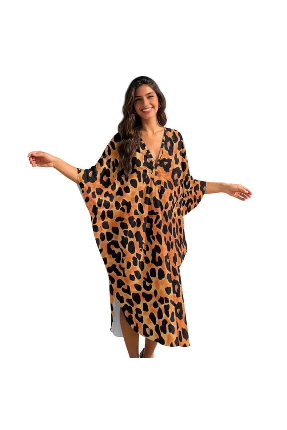 Women's Long Kaftan Maxi Caftan Dress Beachwear Bathing Suit Cover Up V-neck Batwing Sleeve Side Slits Kaftan Maxi Dresses for Beach Travel Casual, Leopard Print Orange Brown