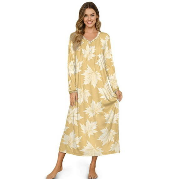 SEANATIVE Women's Long Sleeve Nightgown V Neck Pajama Dress Soft Button Front Nightshirt Long Length Sleepwear Sleepshirt for Lounge Bedroom Wear, 4XL, Leaf Pattern