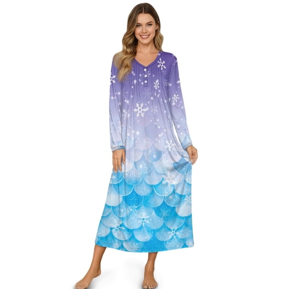 SEANATIVE Women's Long Sleeve Sleep Shirt Soft Full-Length Nightgown Button Front Housecoat Elegant Pajama Dress for Travel Home, XL, Snowflake Mermaid Scale Print Violet Blue